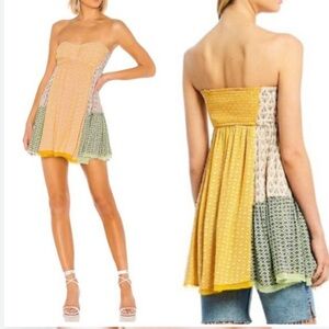 Free People Across The Sea Tunic Dress XS mini strapless smocked citrus yellow